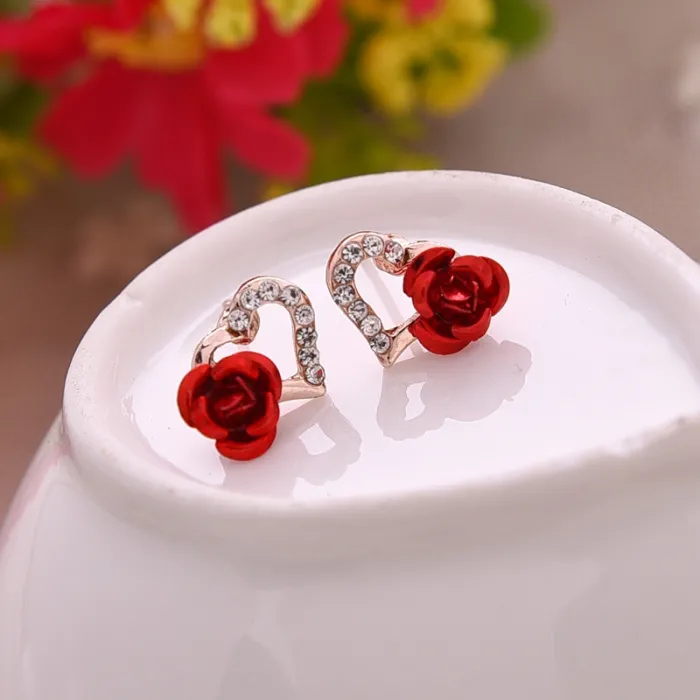 Fleur de coeur & rose - boucles d'oreilles en cristal