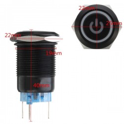 12V 5-pin 19mm bouton poussoir métallique - interrupteur d'alimentation instantané avec LED - interrupteur étanche - Noir