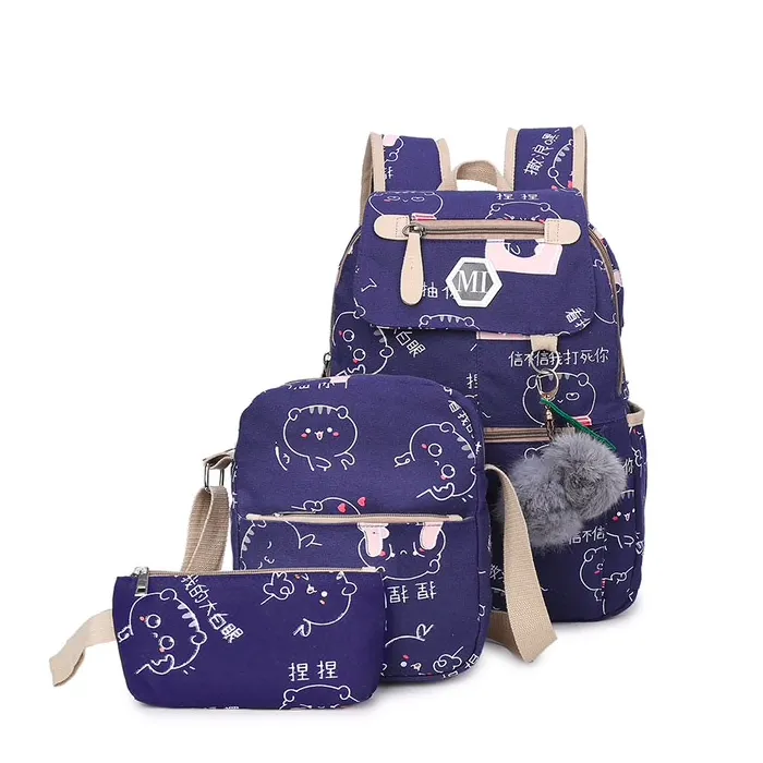USB charging school backpack canvas 3 pcs setBags