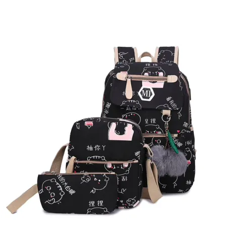 USB école de chargement backpack toile 3 pcs set