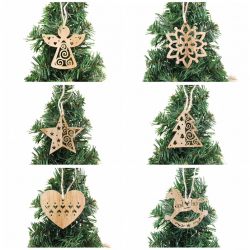Arbre de Noël Xmas décoration pendentifs creux en bois 6 pcs