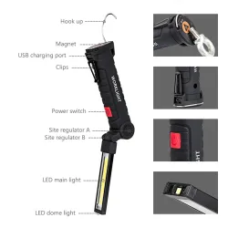 Torche LED COB - rechargeable USB - avec crochet suspendu