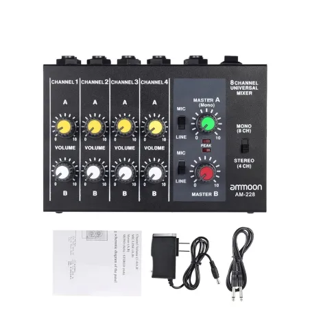 AM-228 console de mixage - ultra-compact - faible bruit - 8 canaux audio mixeur avec adaptateur de puissance