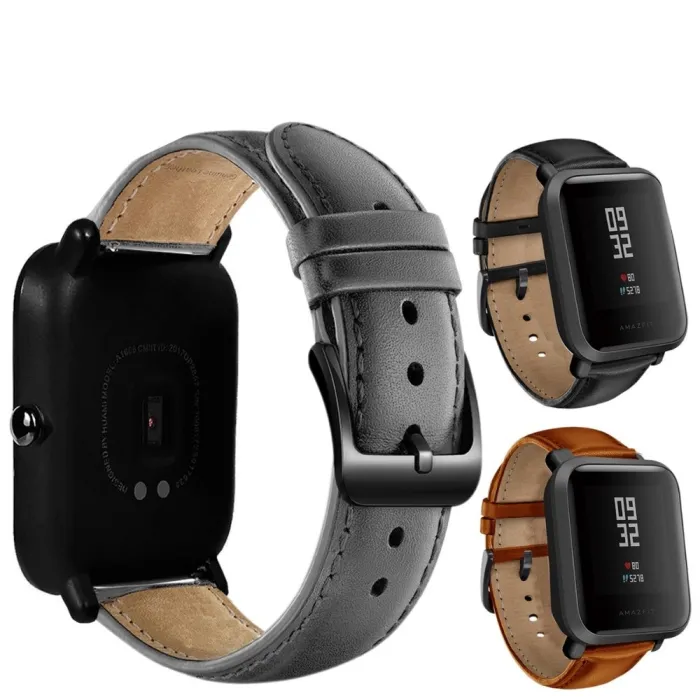 Bracelet en cuir avec boucle noire pour Xiaomi Huami Amazfit Bip