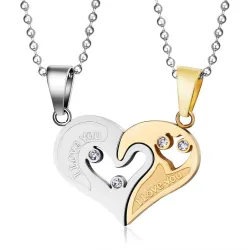 I Love Vous - coeur - pendentif en acier inoxydable avec collier - 2 pièces