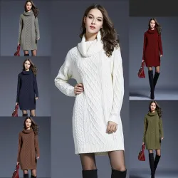 Pull tricoté long avec col rond - robe d'hiver