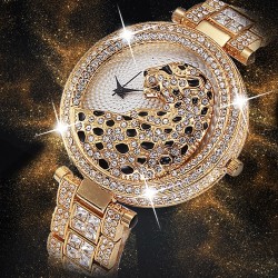 Montre en quartz d'or de luxe avec diamants & léopard